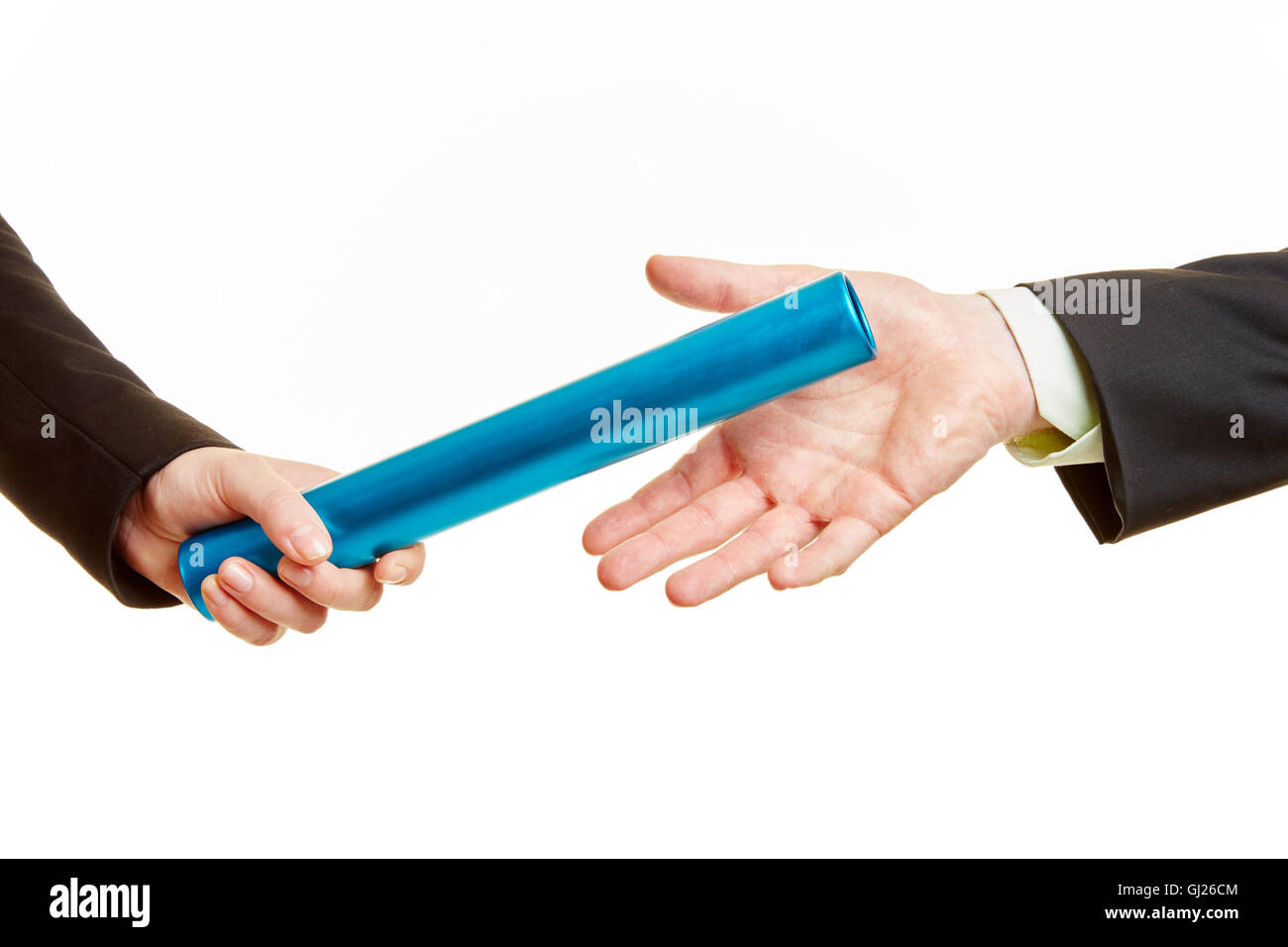 Handover of the baton in a relay race between two business people Stock Photo