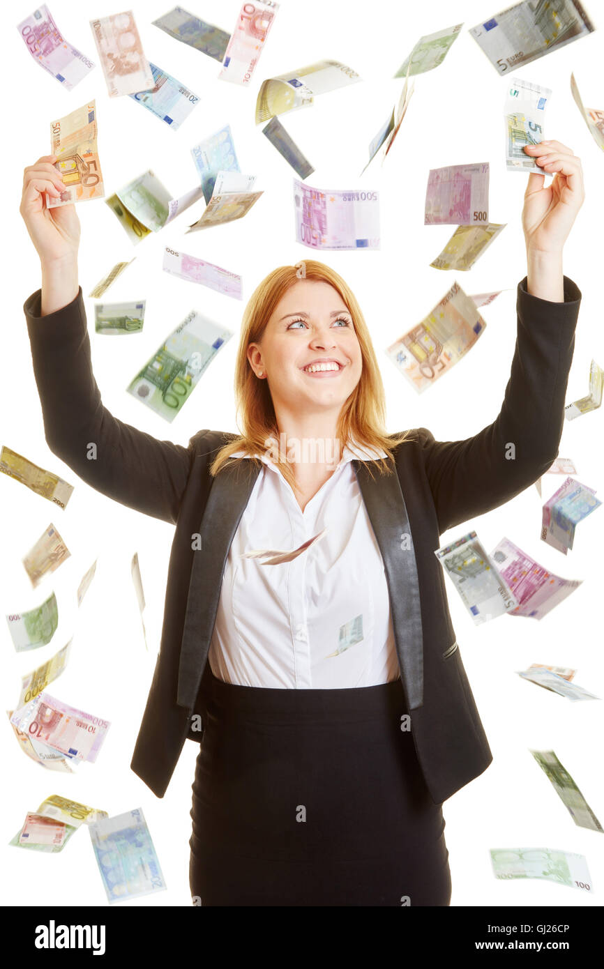 Woman content of the rain made of euros Stock Photo