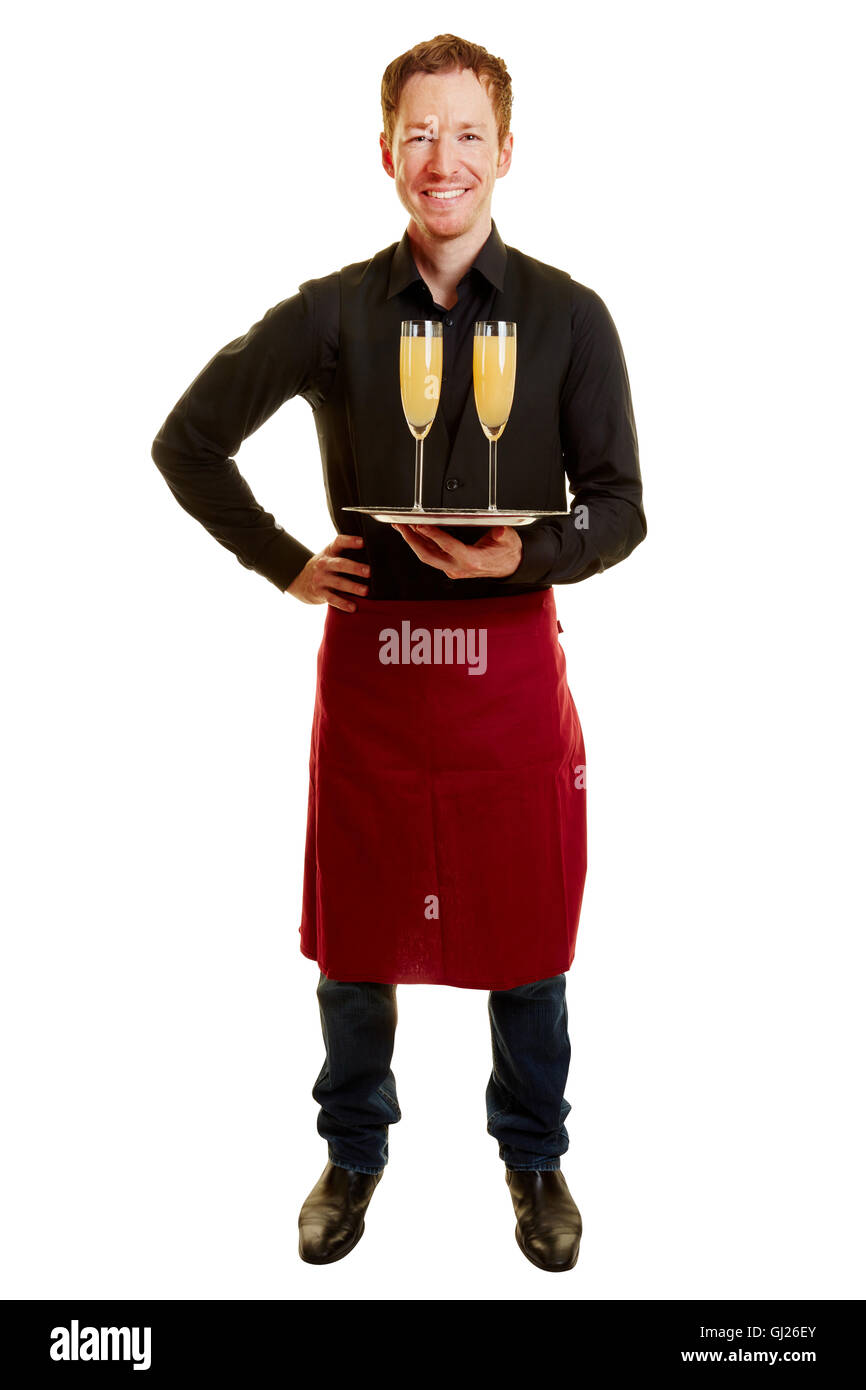 Waiter holding a tray with two glasses and smiling Stock Photo