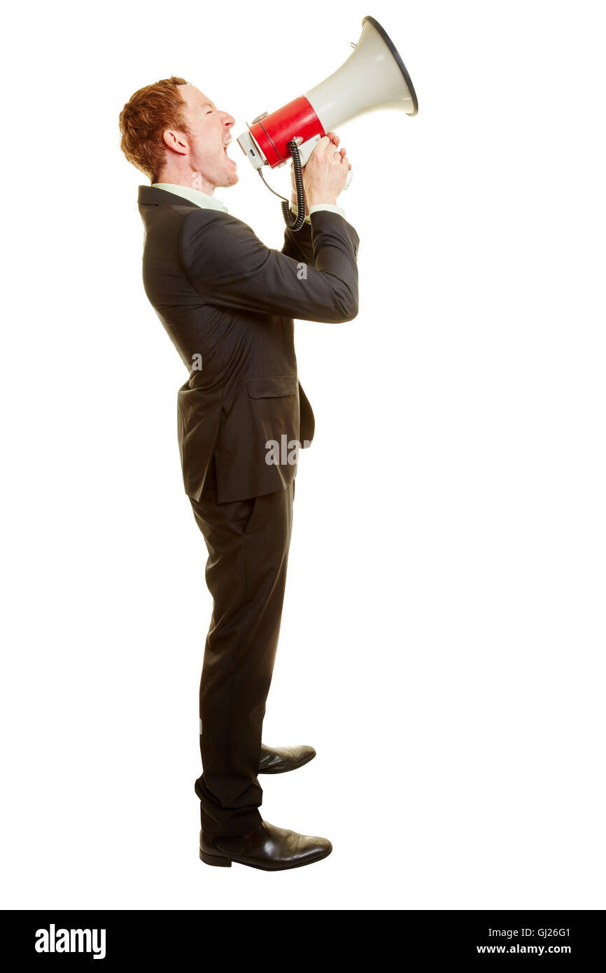 Businessman giving an announcement or the news with a megaphone Stock Photo