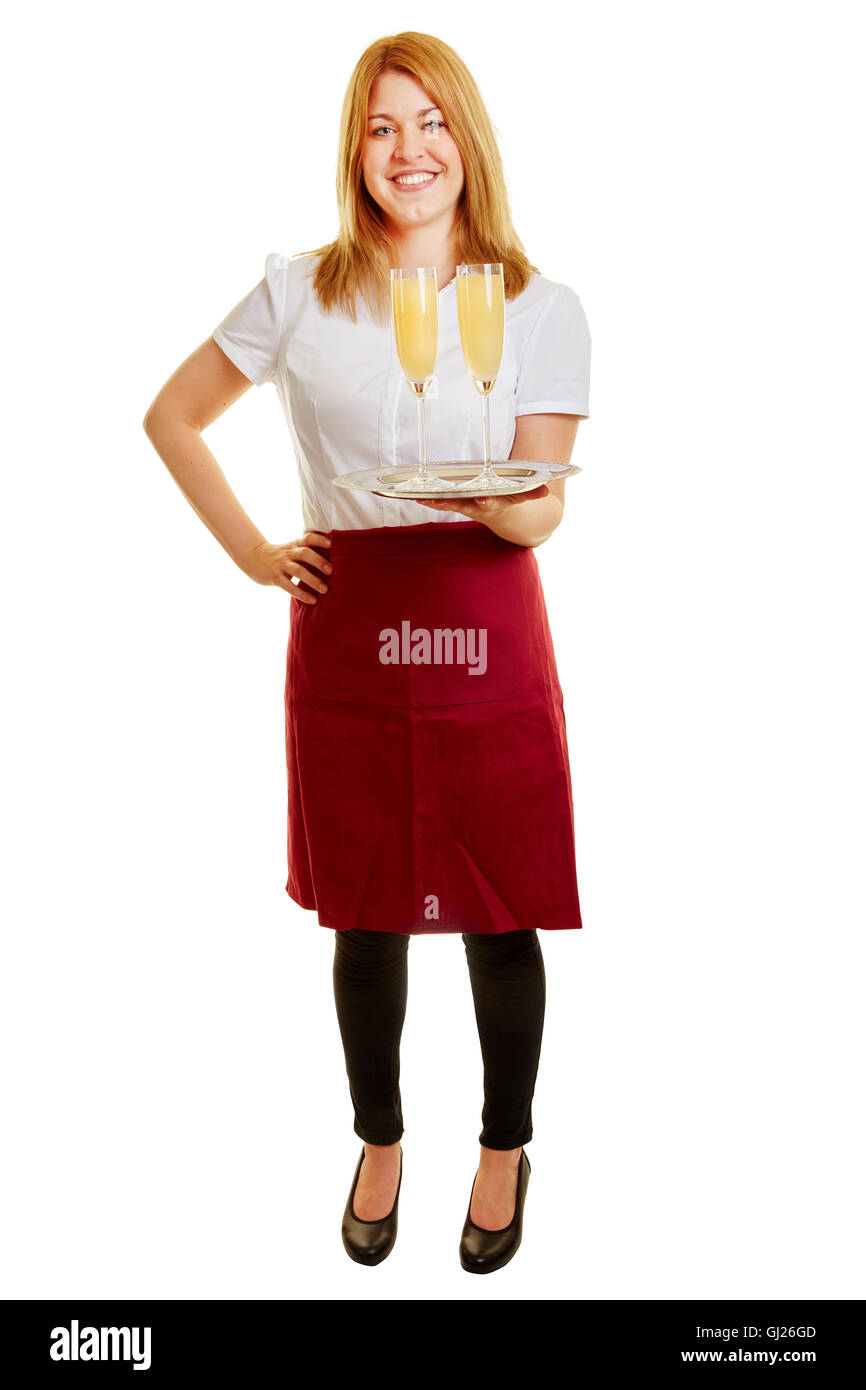 Blond woman as a waitress holding a tray with cocktails Stock Photo