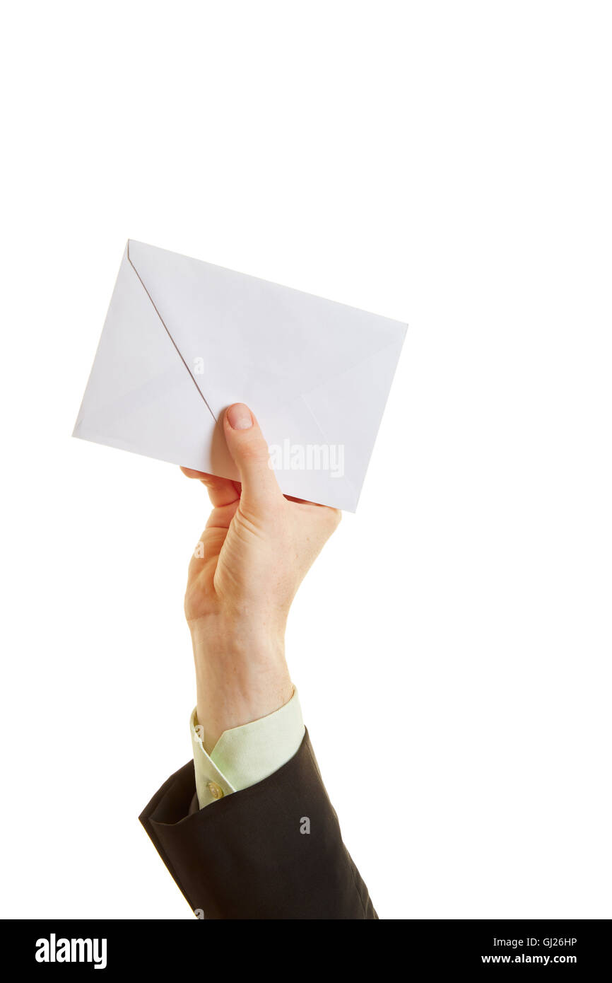 Hand holding an envelope in the air Stock Photo Alamy