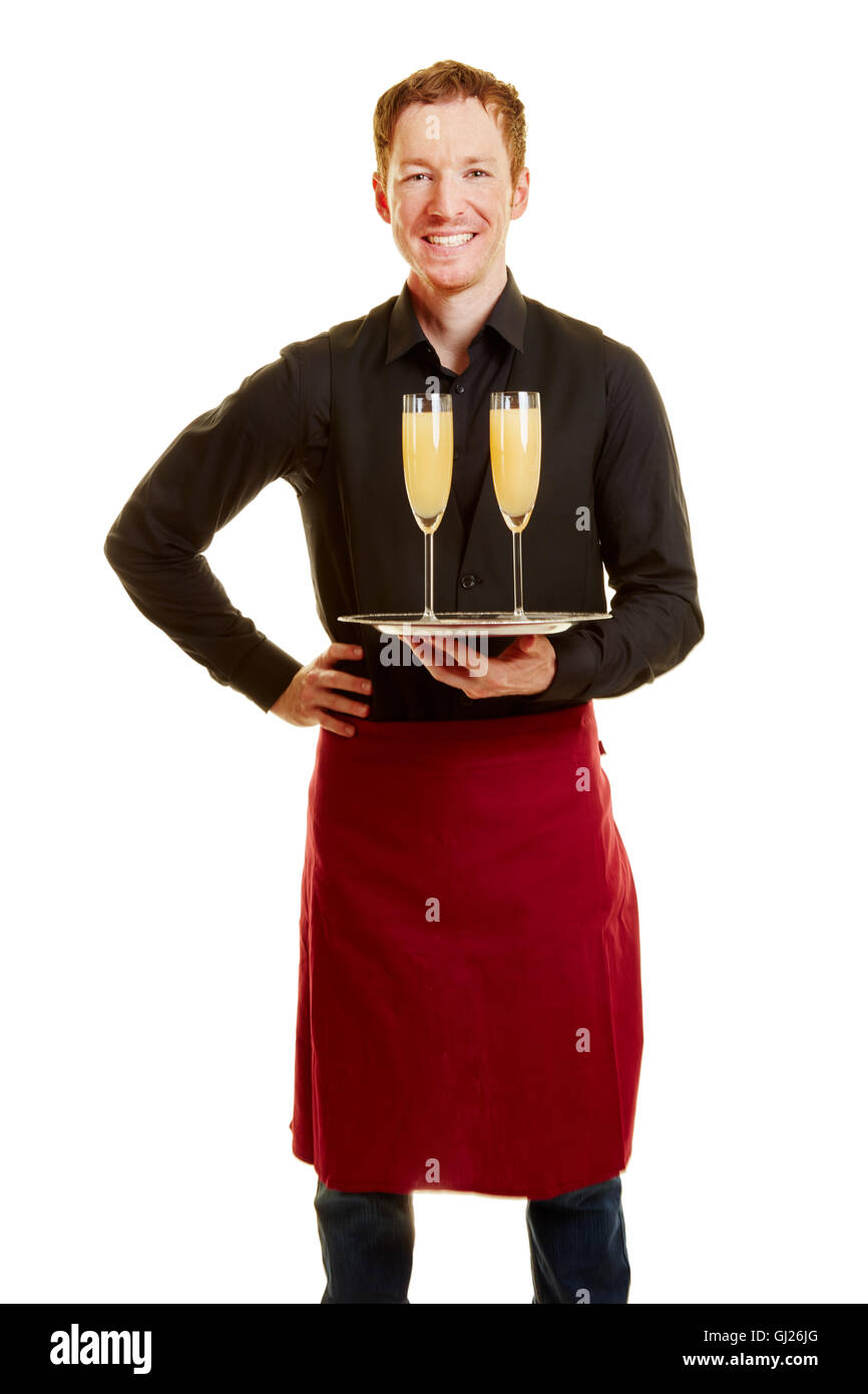 Man as a waiter holding a tray and two glasses Stock Photo