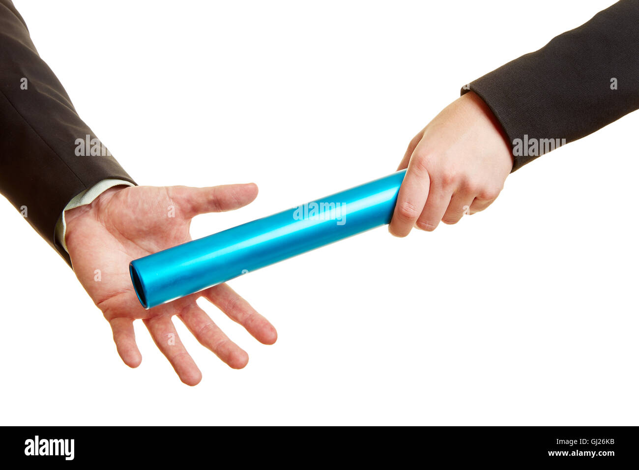 Two people as teamwork concept holding a baton Stock Photo