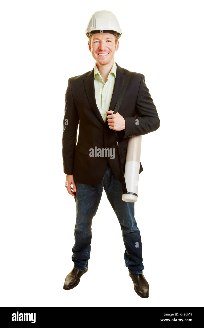 Civil engineer holding his work and smiling on a white background Stock ...
