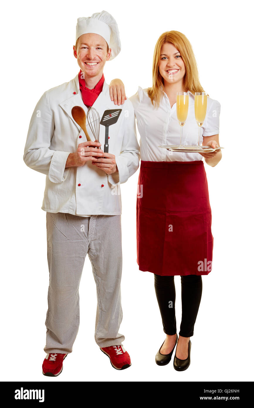 Cook and weitress together as a team on a white background Stock Photo