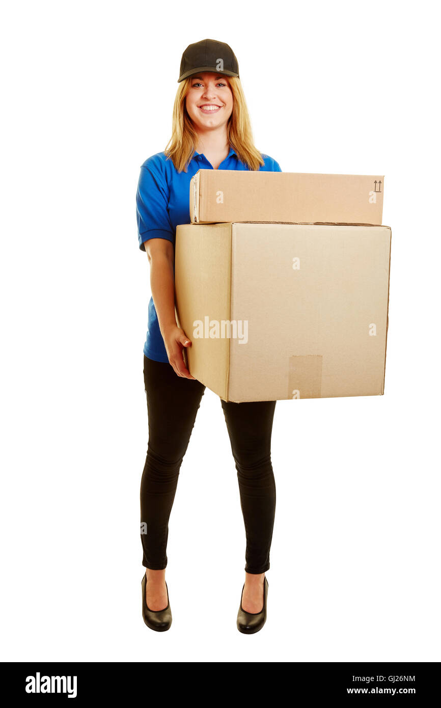 Woman holding packages as a mailman smiling on a white background Stock Photo