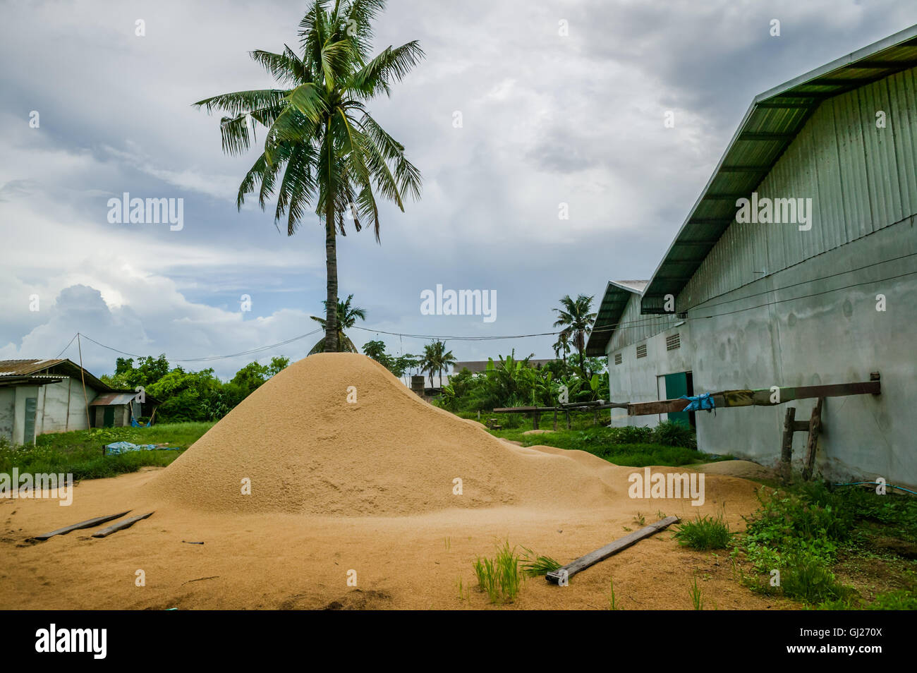 Chiang Rai, Thailand, rice husks spilling out of factory Stock Photo