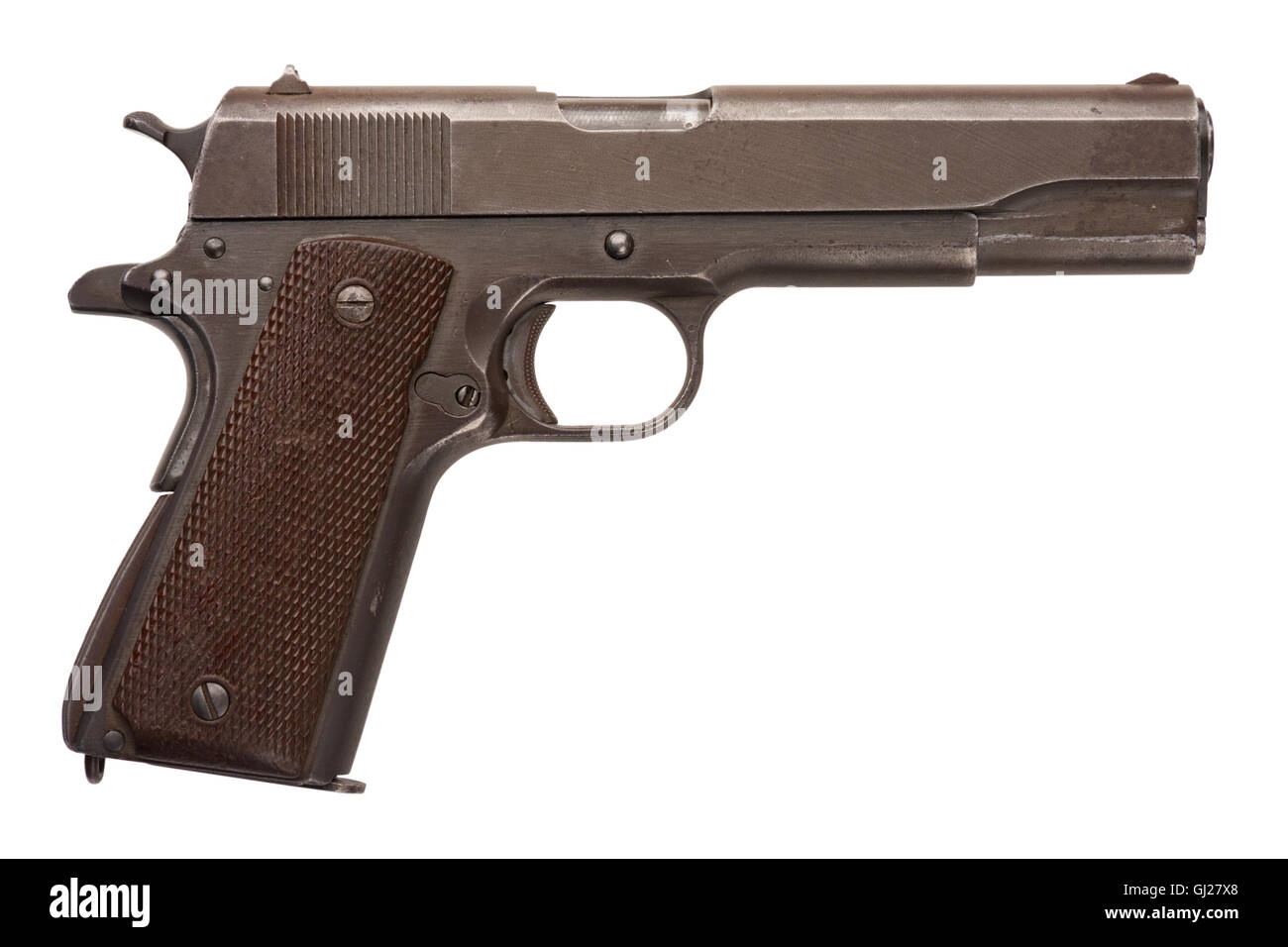 An American-made .45 1911A1 semi-automatic military pistol from World War Two. Stock Photo