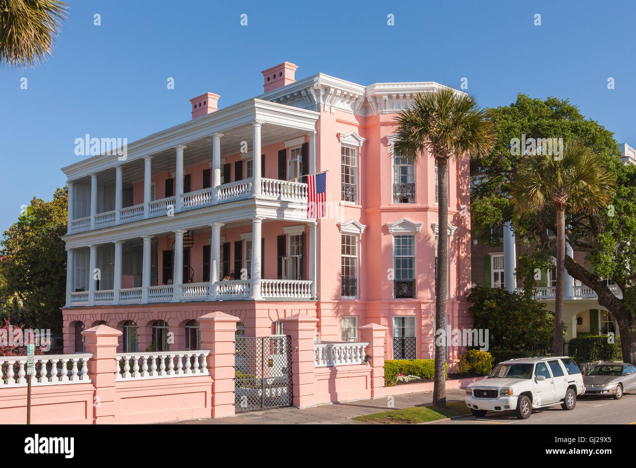 The historic Palmer Home, an antebellum mansion on Battery Row, is used as a Bed-and-Breakfast in Charleston, South Carolina. Stock Photo