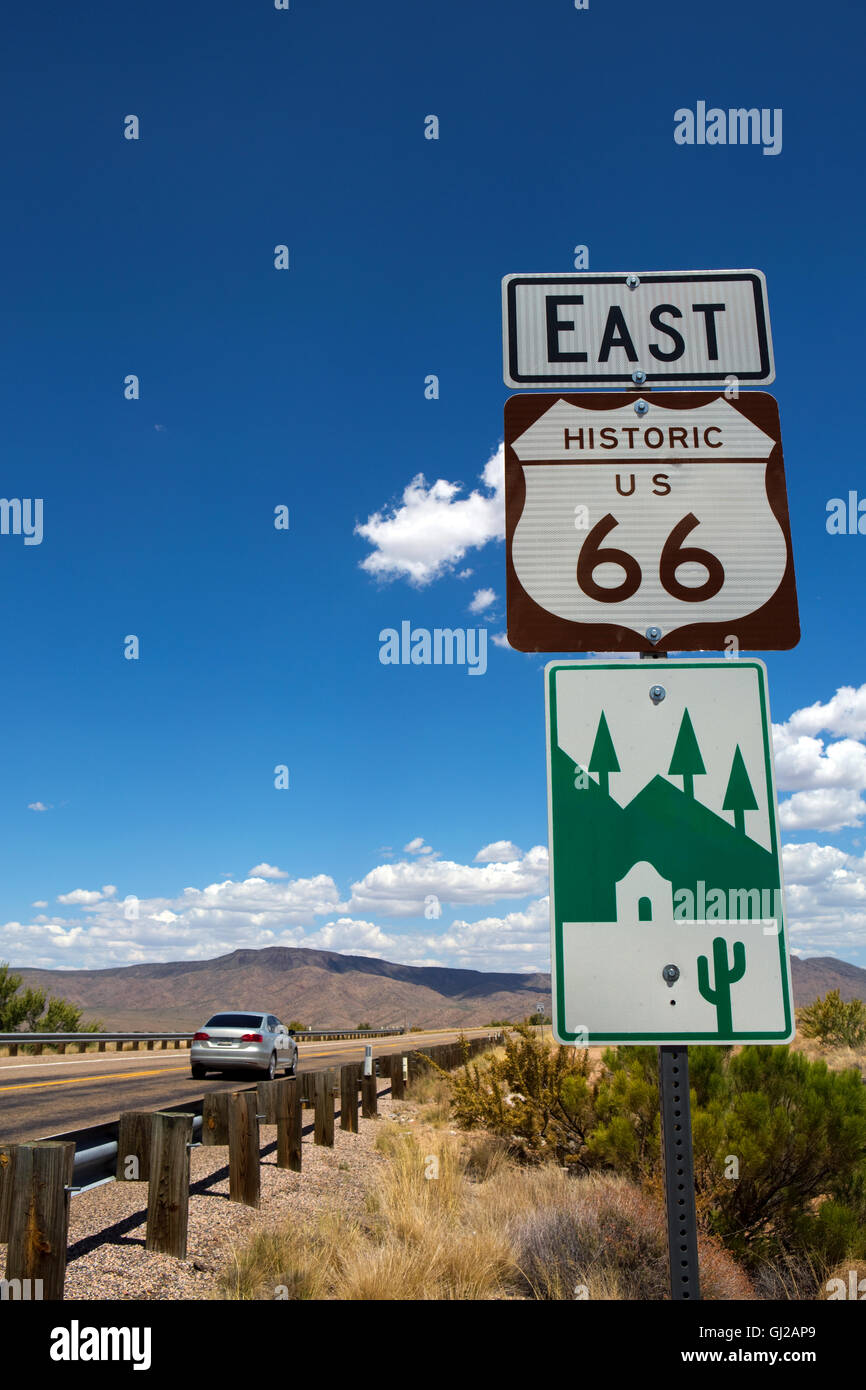 Car travels along the highway east on Historic US Route 66 in northwestern Arizona, USA. Stock Photo