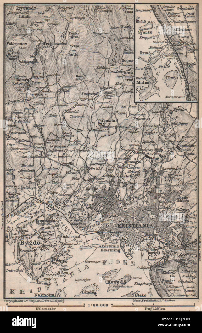 OSLO ENVIRONS. Christiania Bygdo. Norway kart. BAEDEKER, 1899 ...