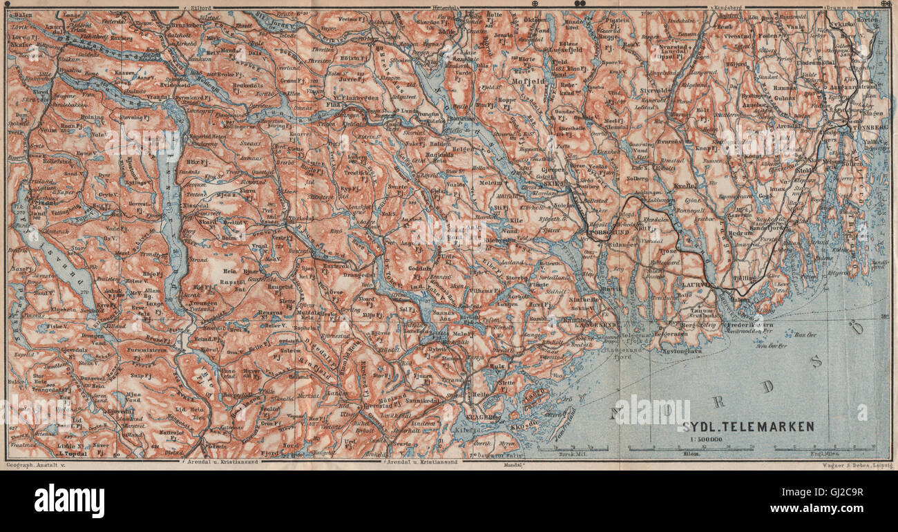 SOUTH TELEMARKEN. Tonsberg Larvik Sandefjord Skien Kragero. Norway, 1899 map Stock Photo