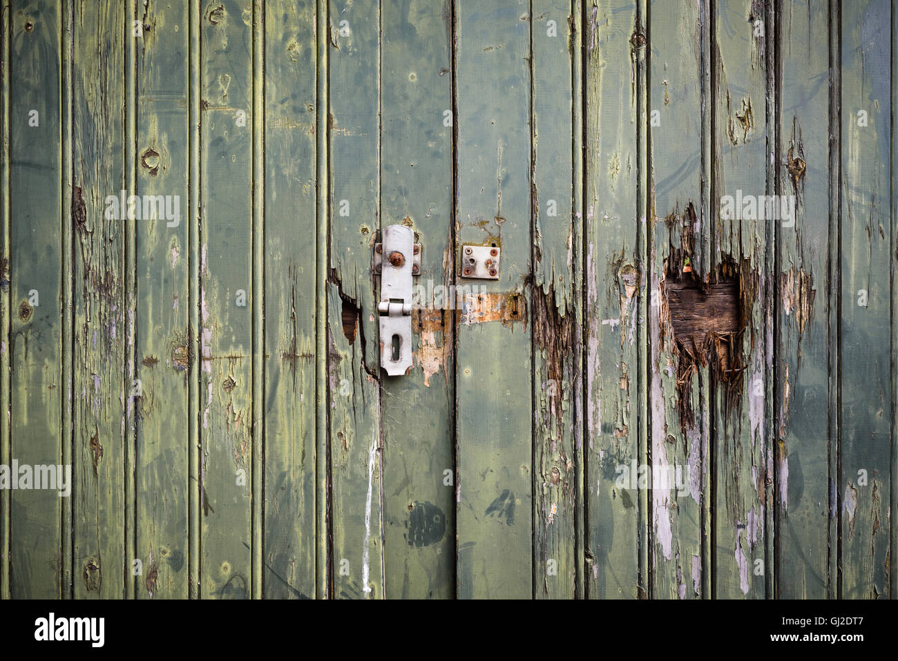 Abandoned  broken wooden shed door and lock. Stock Photo