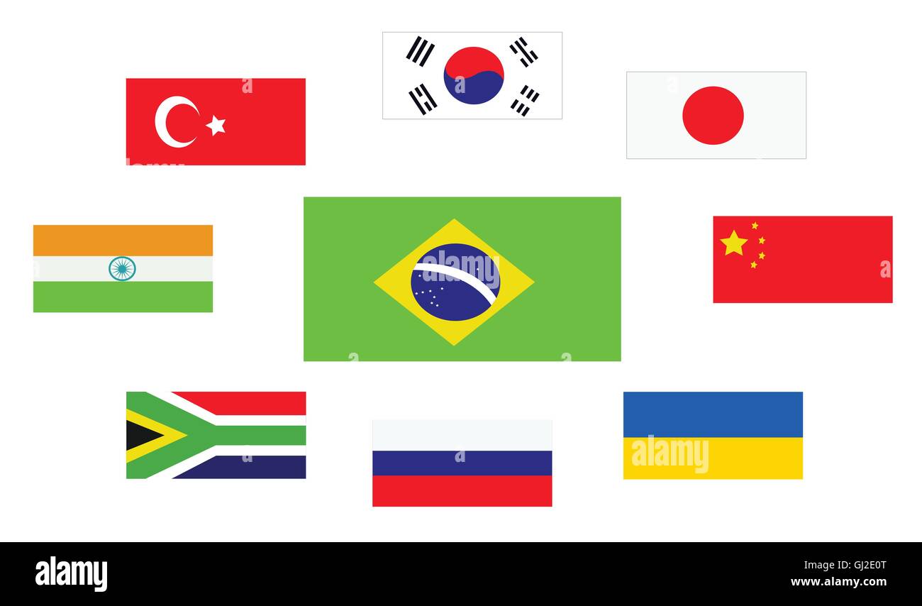 Set of country flags, Brasil, South Korea, Turkey, Japan, China, Ukraine, Russia, South Africa and India. Digital vector image Stock Vector