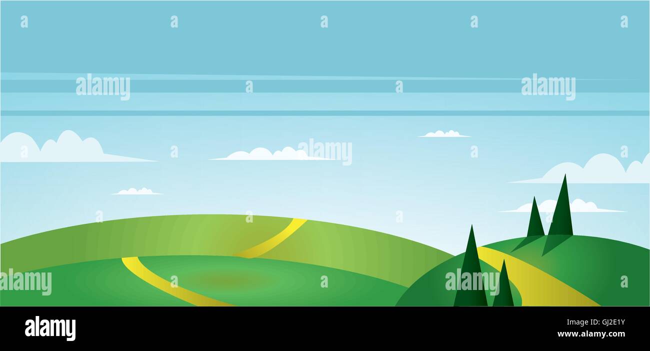 Abstract landscape with green fields, trees, paths and clouds. Digital ...