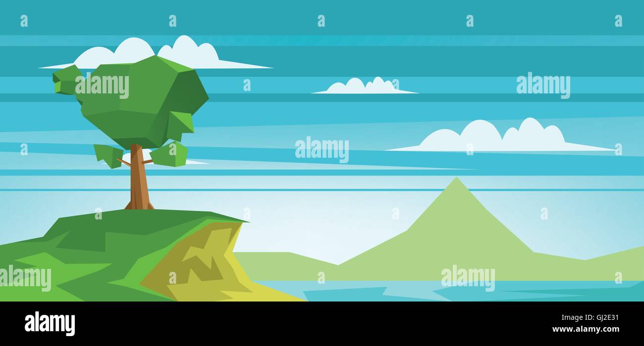 Abstract landscape with a lake and a green tree. Digital vector image ...