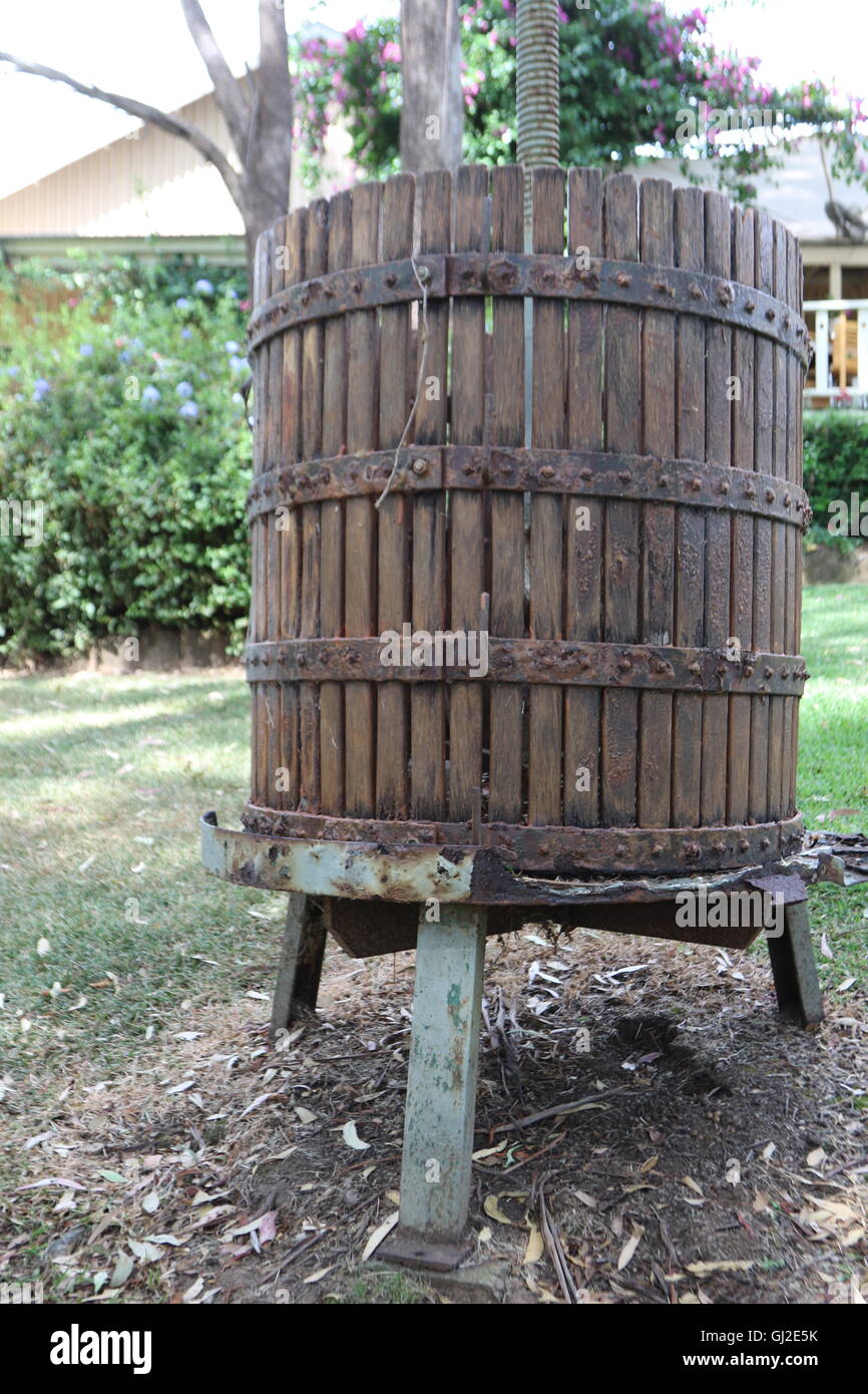 A vintage grape press at Briar Ridge Vineyard, Hunter Valley, Mount View, Australia Stock Photo