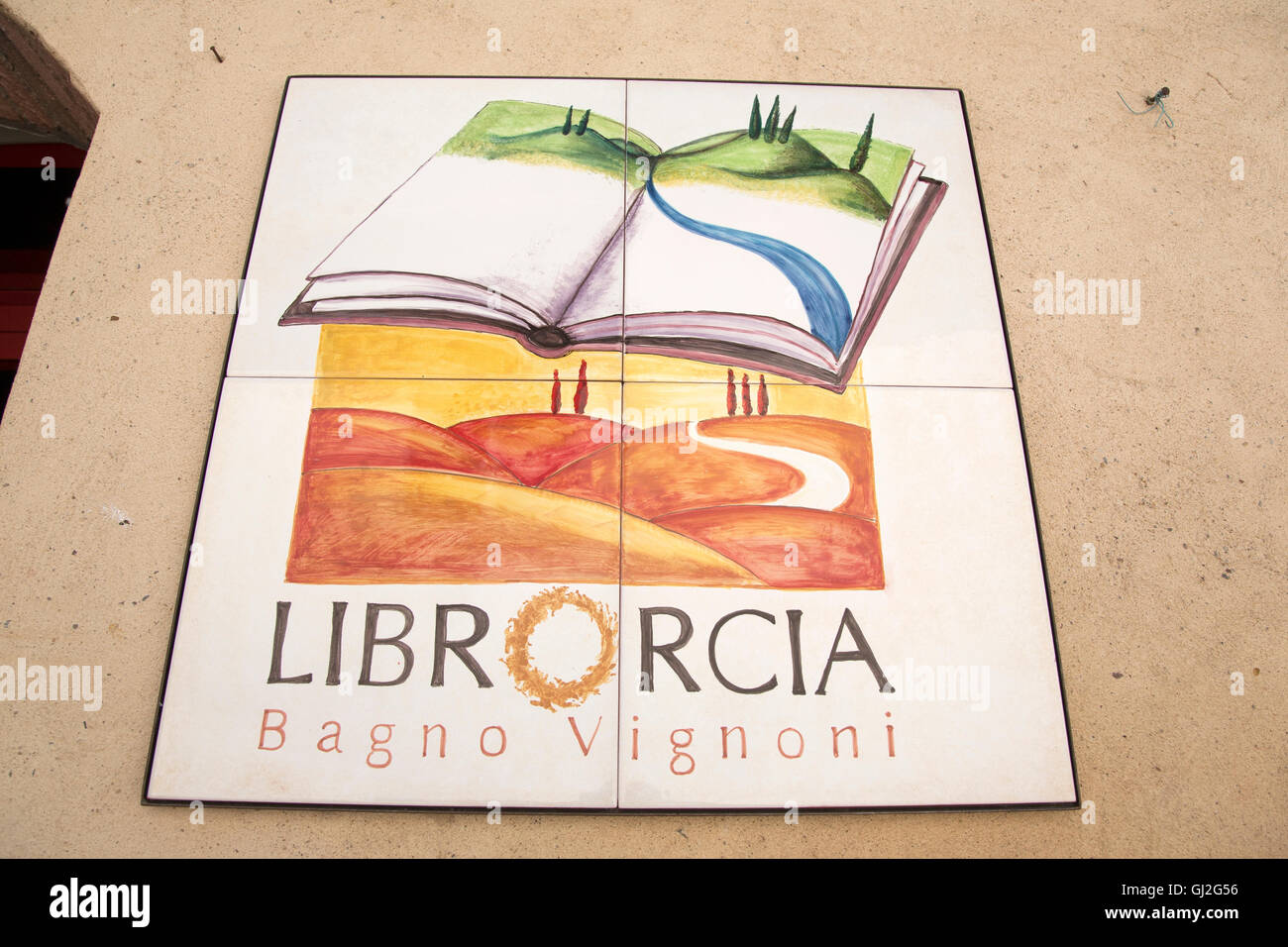 Bookshop Sign; Bagno Vignoni Village; Tuscany; Italy Stock Photo