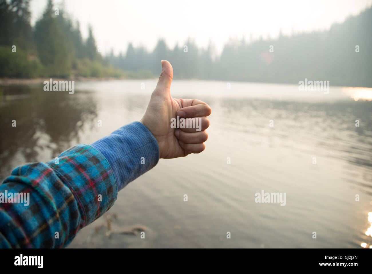 Female hand giving thumbs up over misty lake, Mount Hood National Forest, Oregon, USA Stock Photo
