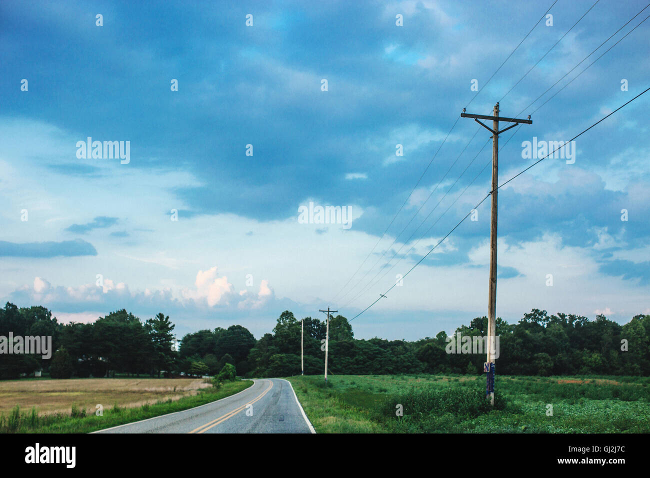 Telegraph poles and diminishing perspective of rural road Stock Photo
