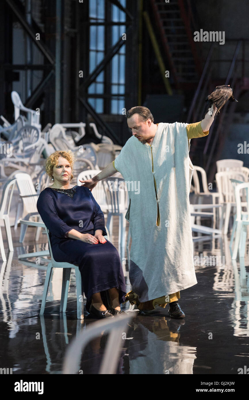 Birgitte Christensen and Georg Nigl. The opera Alceste by Gluck opens the 2016 Ruhrtriennale festival. The opera is directed by Johan Simons. With Birgitte Christensen as Alceste, Thomas Walker as Admeto, Georg Nigl (various roles), Kristina Hammarström as Ismene, Anicio Zorzi Giustiniani as Evandro, Alicia Amo as Aspasi, Konstantin Bader as Eumelo and the MusicAeterna Chorus of the Perm State Opera and Ballet Theatre. Music performed by B’Rock Orchestra, musical direction by René Jacobs. Stock Photo