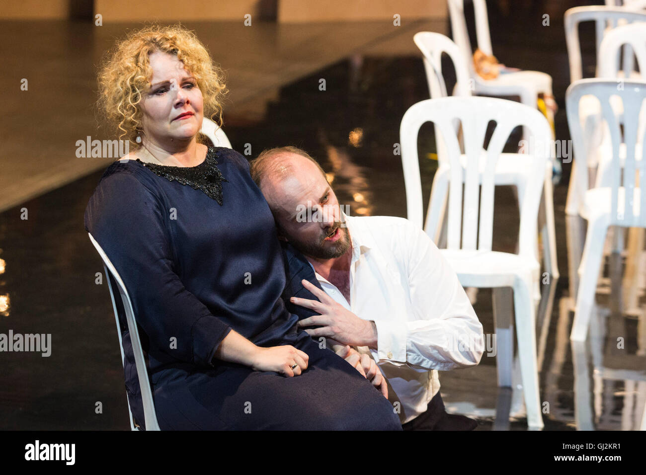 Birgitte Christensen with Thomas Walker. The opera Alceste by Gluck opens the 2016 Ruhrtriennale festival. The opera is directed by Johan Simons. With Birgitte Christensen as Alceste, Thomas Walker as Admeto, Georg Nigl (various roles), Kristina Hammarström as Ismene, Anicio Zorzi Giustiniani as Evandro, Alicia Amo as Aspasi, Konstantin Bader as Eumelo and the MusicAeterna Chorus of the Perm State Opera and Ballet Theatre. Music performed by B’Rock Orchestra, musical direction by René Jacobs. Stock Photo