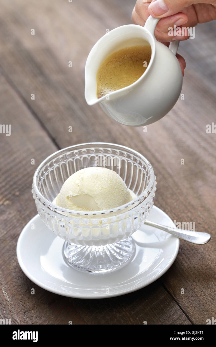 affogato, pouring espresso coffee to ice cream, italian simple dessert ...