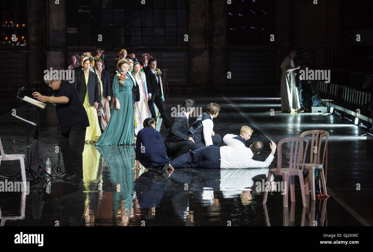 The opera Alceste by Gluck opens the 2016 Ruhrtriennale festival. The opera is directed by Johan Simons. With Birgitte Christensen as Alceste, Thomas Walker as Admeto, Georg Nigl (various roles), Kristina Hammarström as Ismene, Anicio Zorzi Giustiniani as Evandro, Alicia Amo as Aspasi, Konstantin Bader as Eumelo and the MusicAeterna Chorus of the Perm State Opera and Ballet Theatre. Music performed by B’Rock Orchestra, musical direction by René Jacobs. Stock Photo