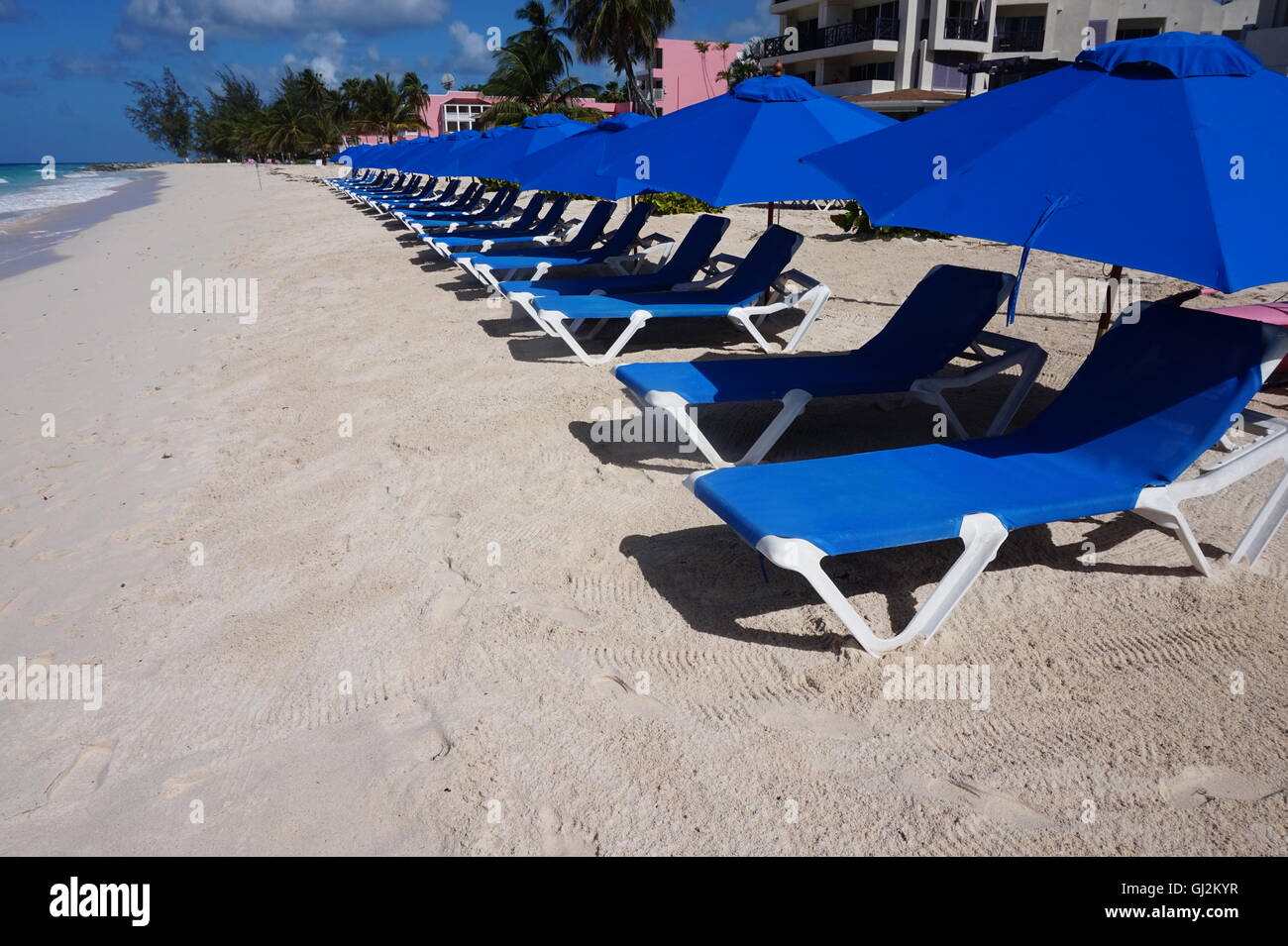 Sunloungers on Dover Public Beach, Barbados Stock Photo