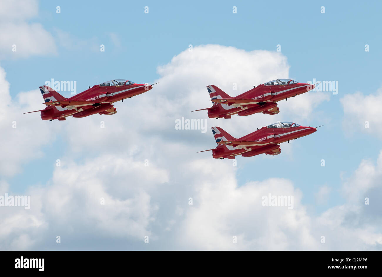 CHESTER, UNITED KINGDOM - August 06, 2016: Red Arrows departing from Chester Airport. Chester Airport August 06 2016 Stock Photo