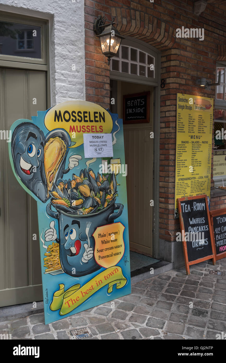Quintessential Beligian food Moules Frites. Cartoon style billboard advertising Mussels Mosselen