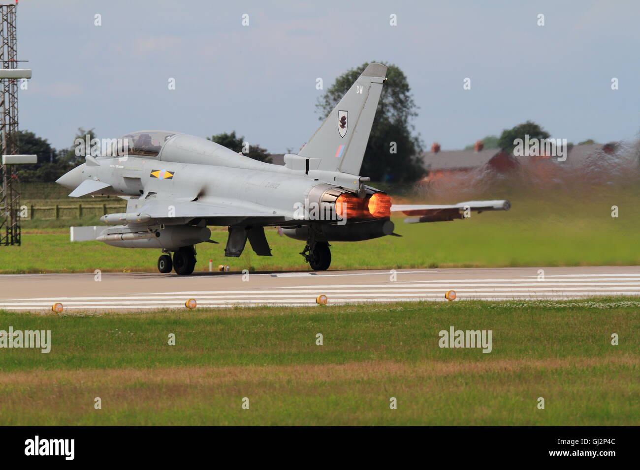 Royal Air Force Tyhpoon using after burners to take off. Stock Photo