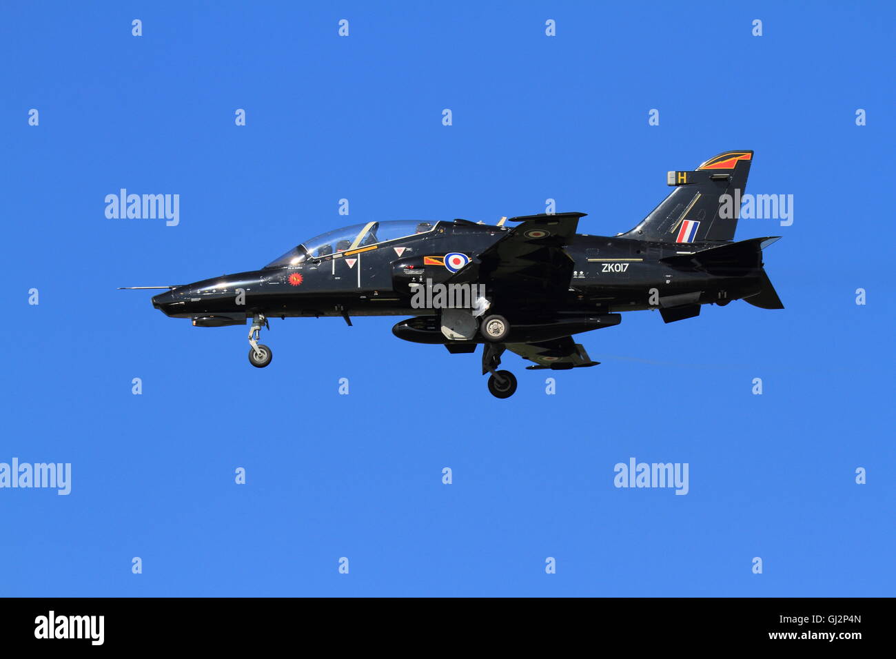 RAF Hawk fast jet training aircraft approaches RAF Valley. Stock Photo