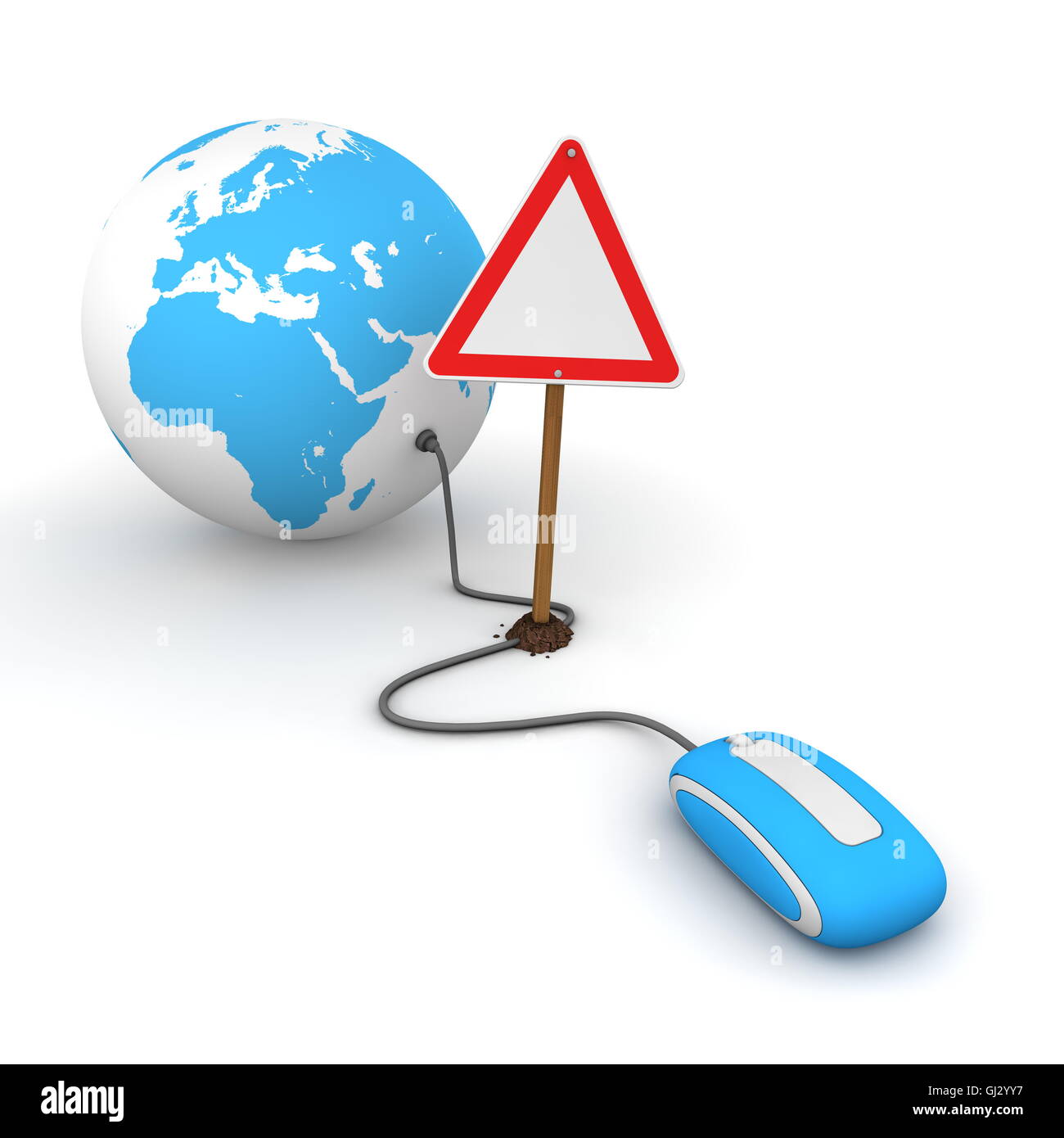 Surfing the Web in Blue - Blocked by a Triangular Warning Sign Stock Photo