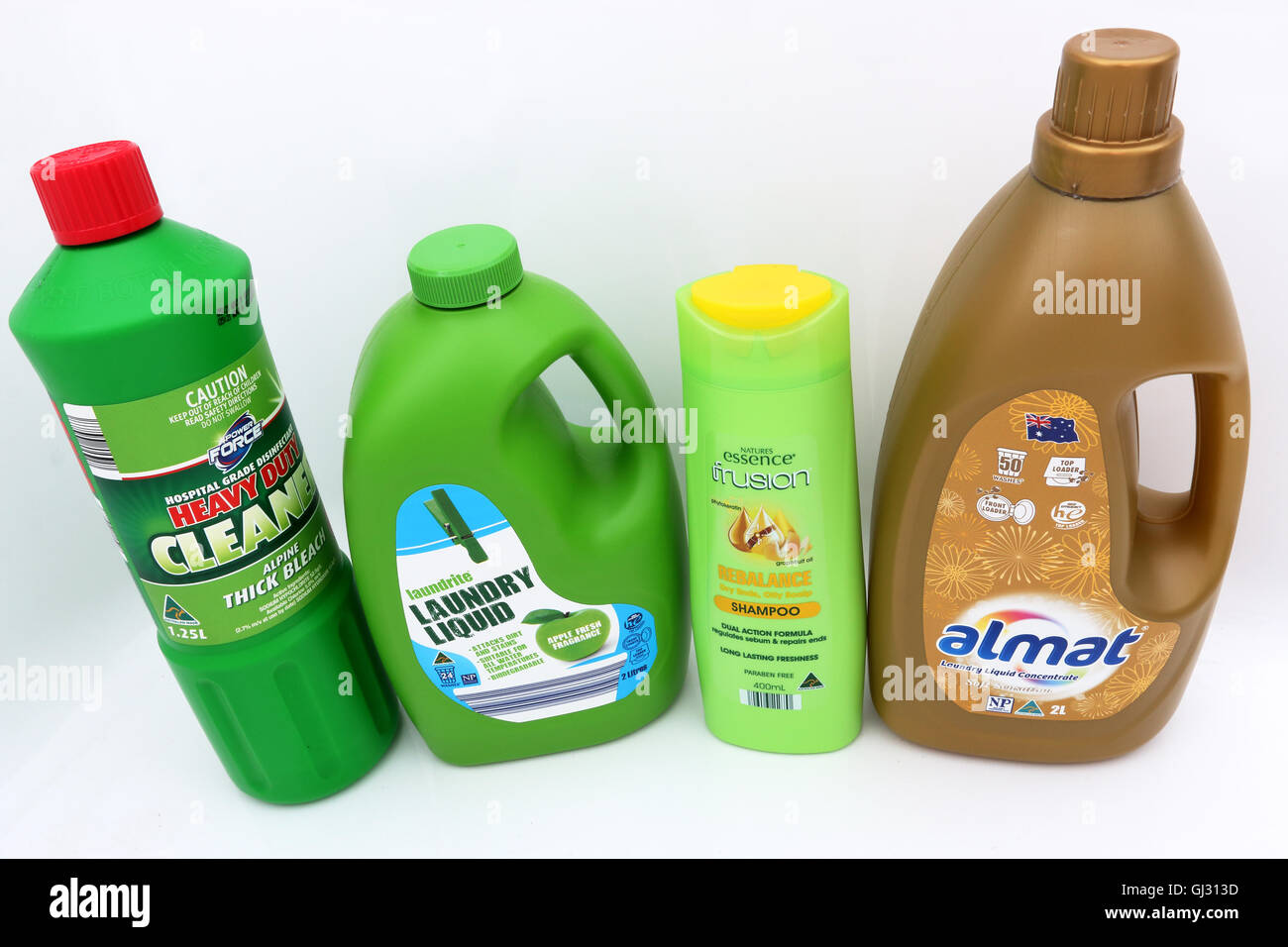 Aldi Australia household products such as bleach, laundry liquid and shampoo on white background Stock Photo