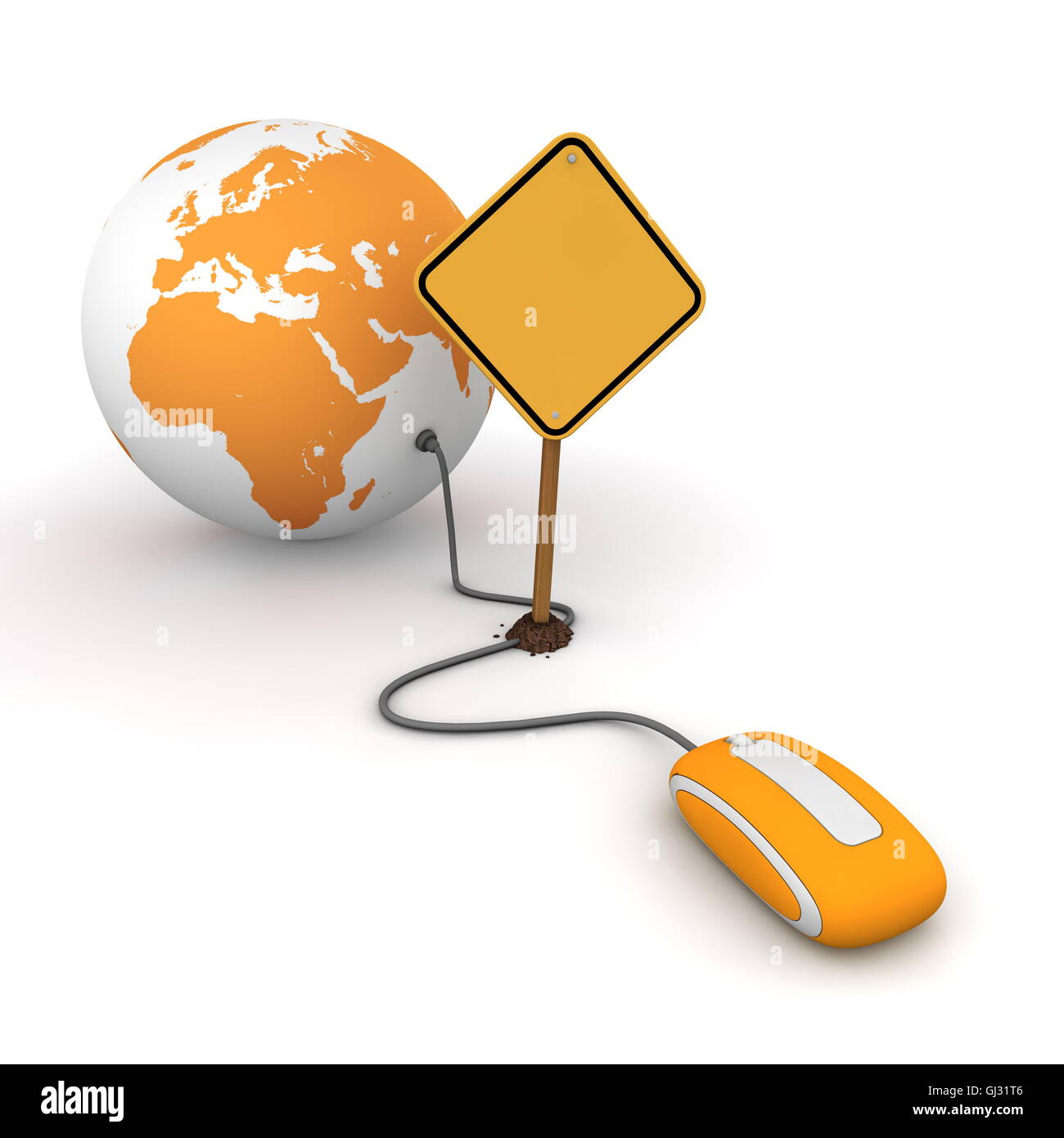 Surfing the Web in Orange - Blocked by a Yellow Warning Sign Stock Photo