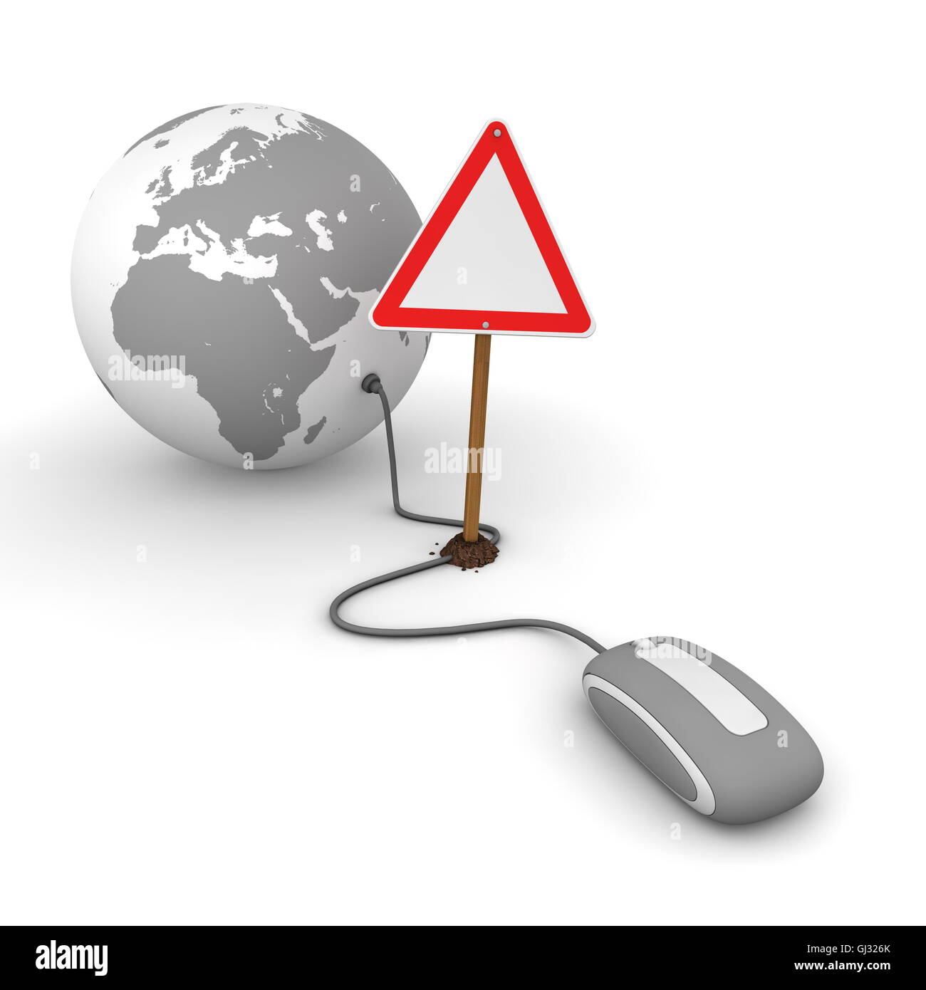 Surfing the Web in Grey - Blocked by a Triangular Warning Sign Stock Photo