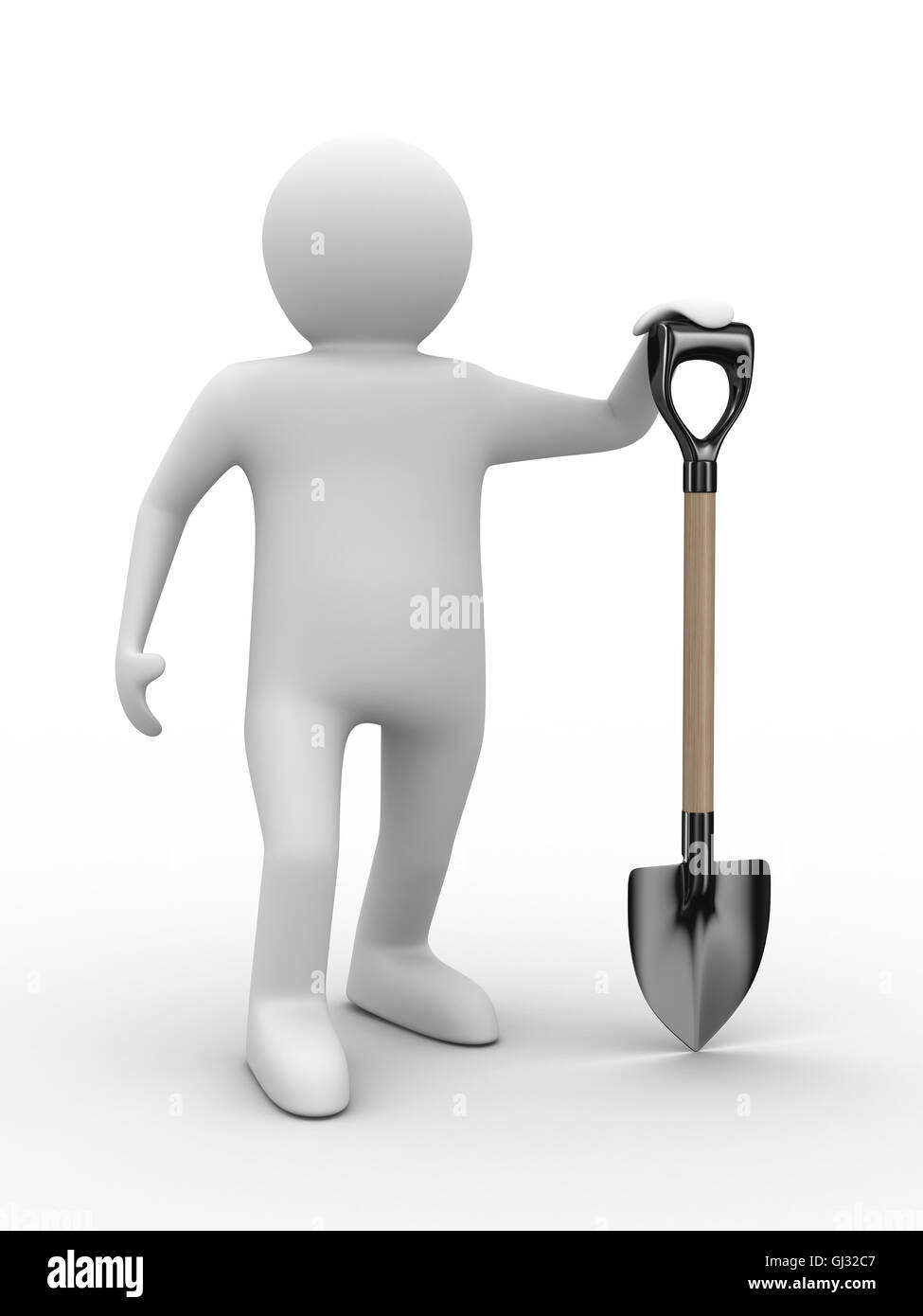 Man with bucket and shovel on white background. Isolated 3D imag Stock