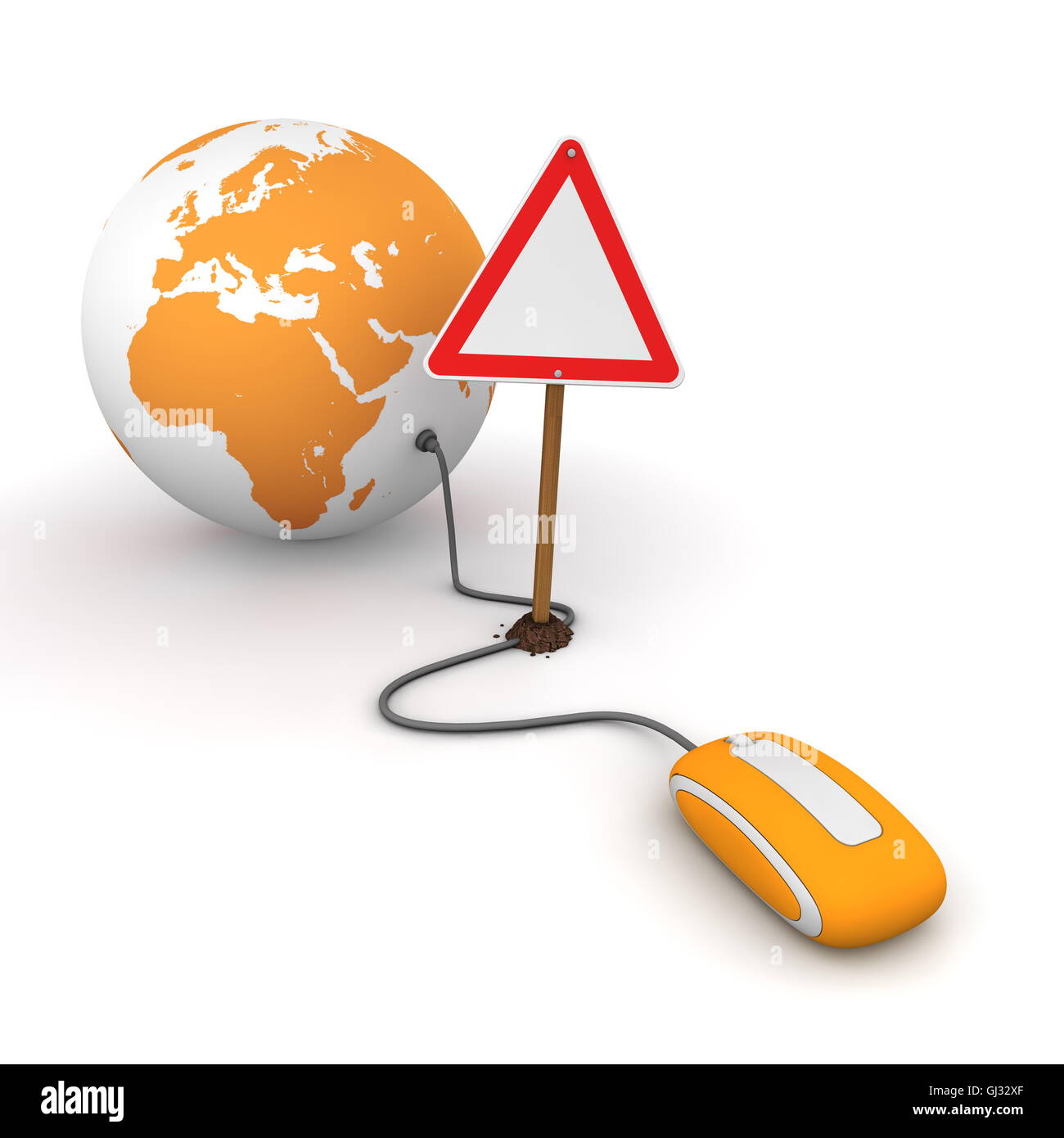 Surfing the Web in Orange - Blocked by a Triangular Warning Sign Stock Photo