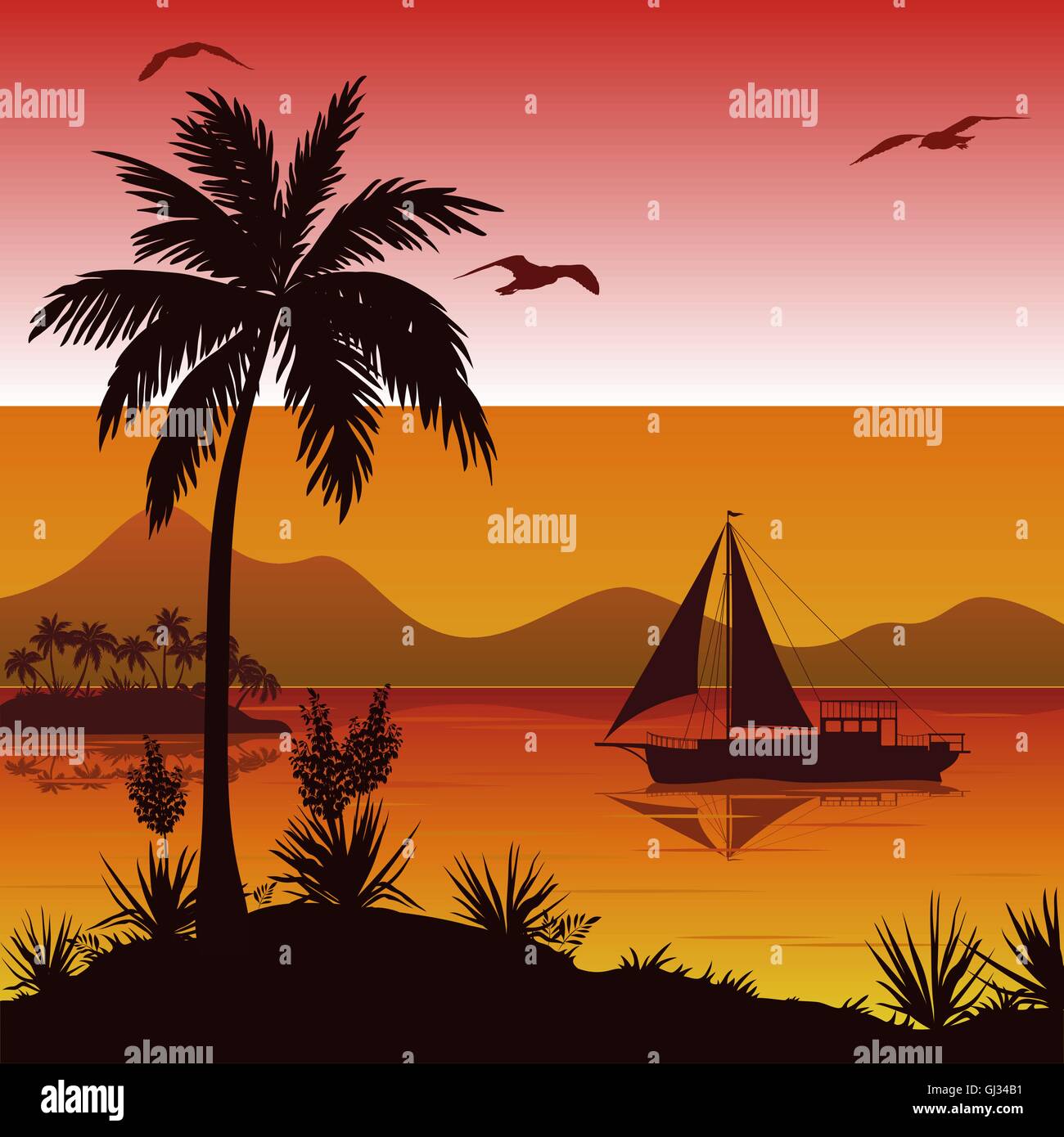 Tropical Sea Landscape with Palms and Ship Stock Vector Image & Art - Alamy