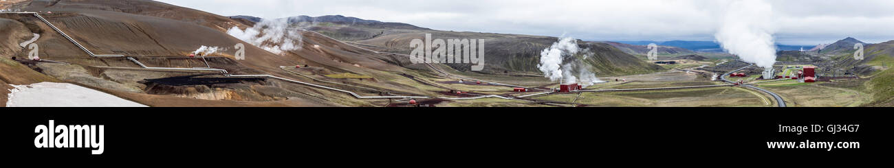 Panorama of Geothermal Power Station Complex, situated on the flanks of Krafla volcano, Iceland Stock Photo