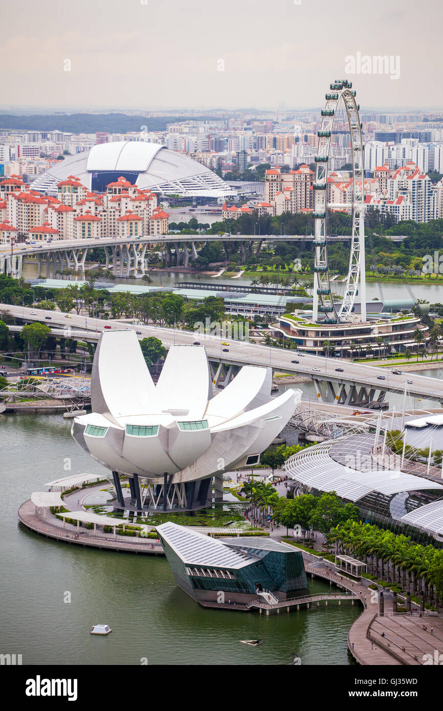 View of central Singapore: Singapore Flyer, ArtScience museum and National stadium Stock Photo