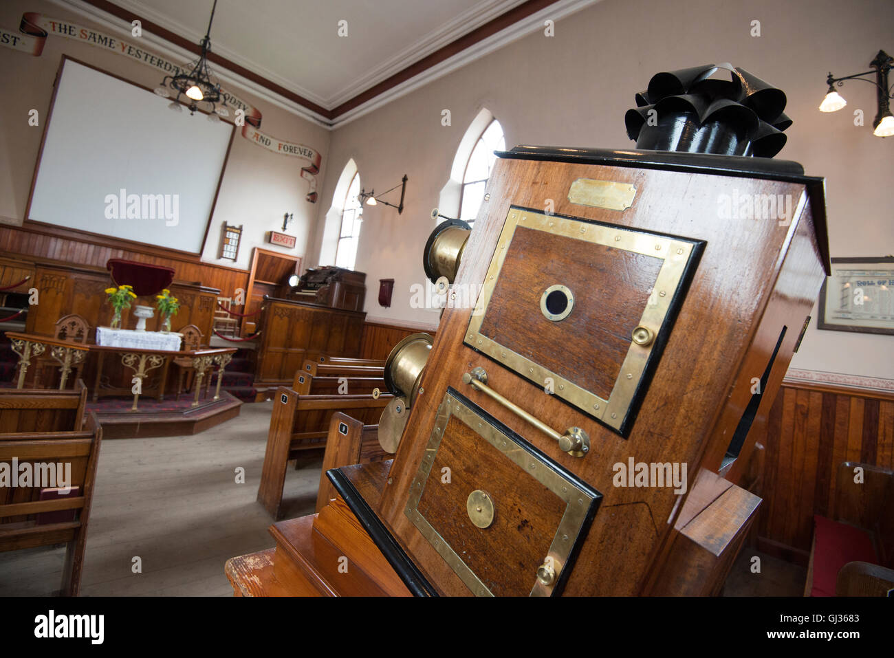 Victorian Magic Lantern by Walter Tyler in the Methodist Church, Beamish Open Air Museum, near Stanley County Durham England UK Stock Photo