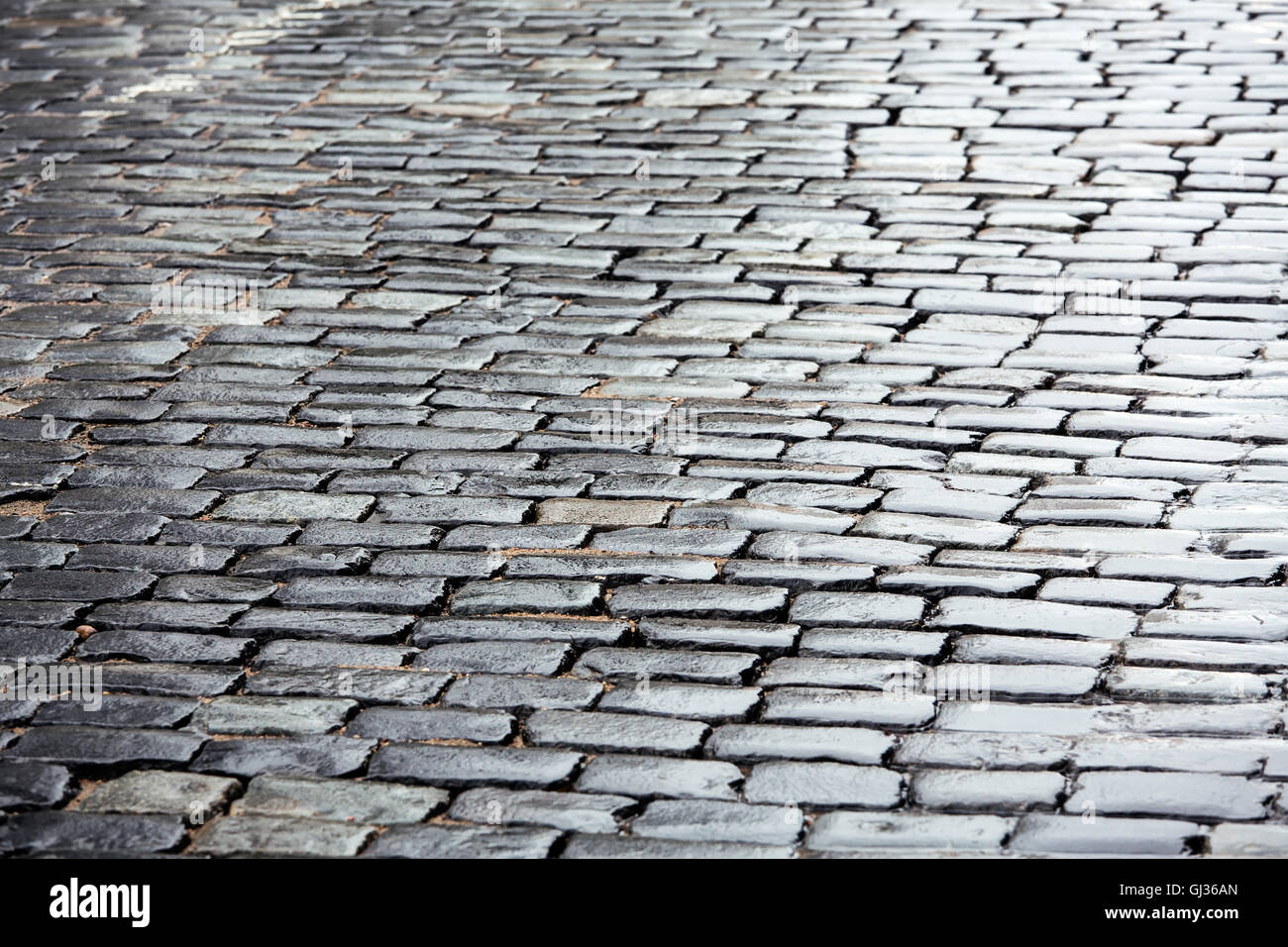 Grey cobblestone road with reflection after rain Stock Photo
