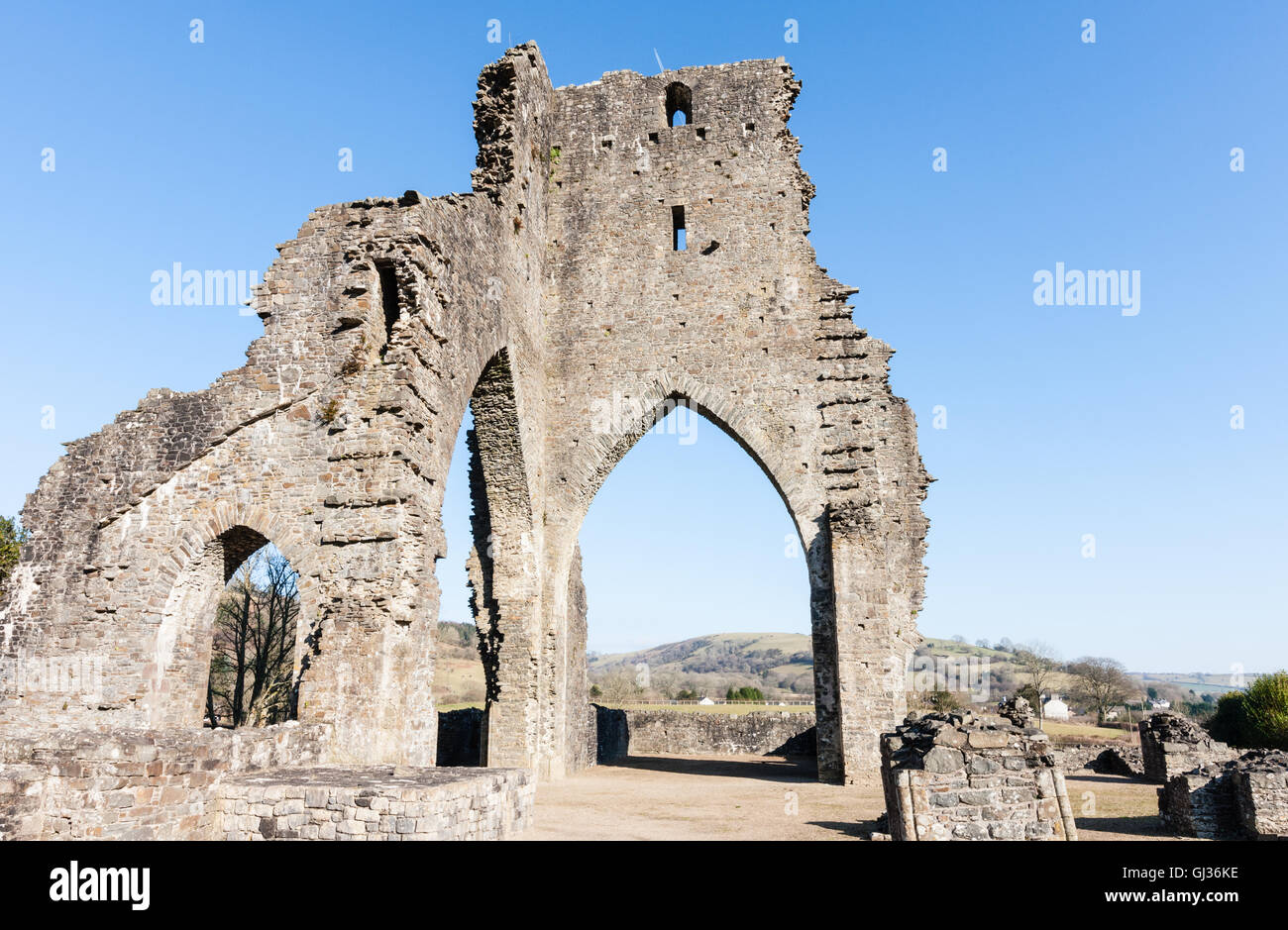 Woodland and bench and remains of Talley Abbey,east of Llandeilo,Carmarthenshire,Wales,U.K., Stock Photo