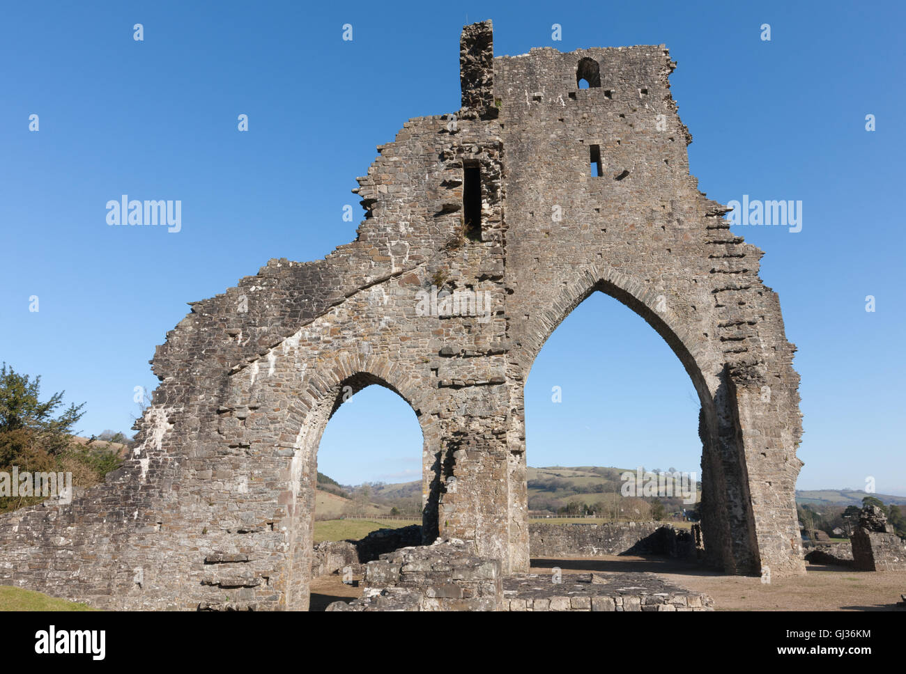 Woodland and bench and remains of Talley Abbey,east of Llandeilo,Carmarthenshire,Wales,U.K., Stock Photo