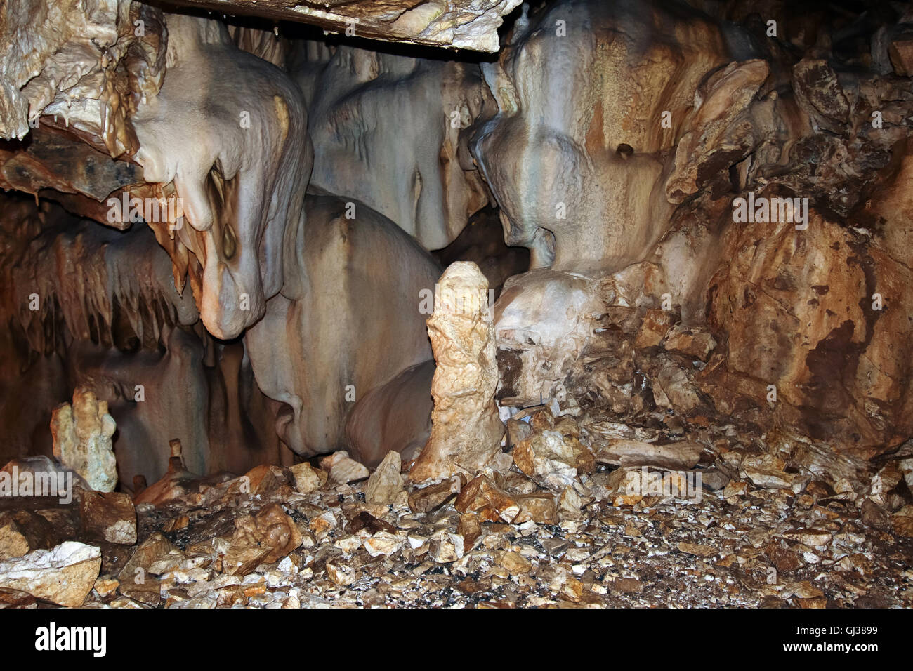 Bizarre mineral formations in a stalactite cave Stock Photo