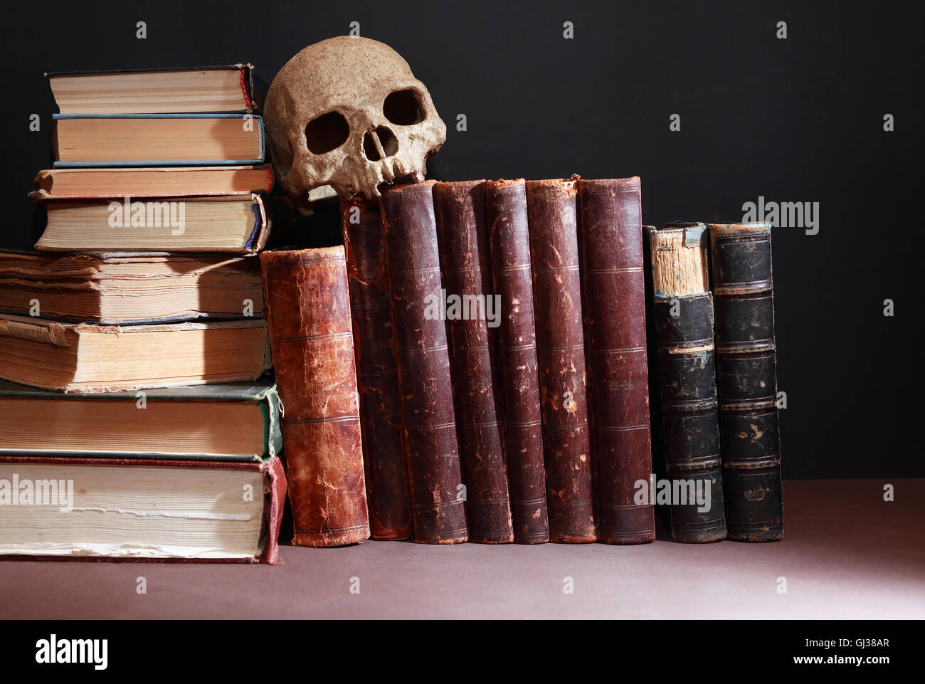 Vintage Library Human Skull On Old Books In A Row On Dark Background Stock Photo Alamy