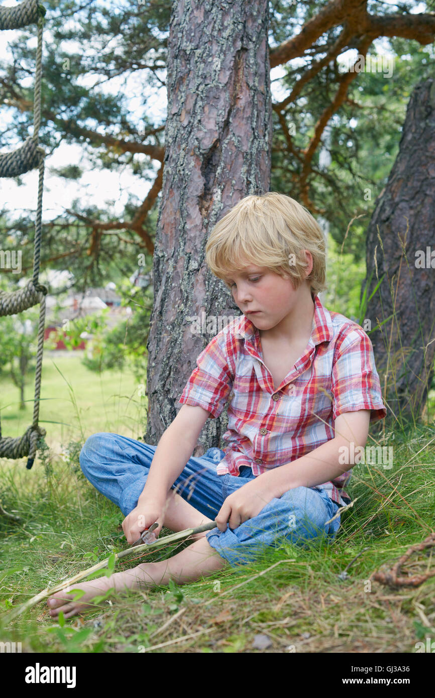 Young boy cleaning tree branch with knife Stock Photo